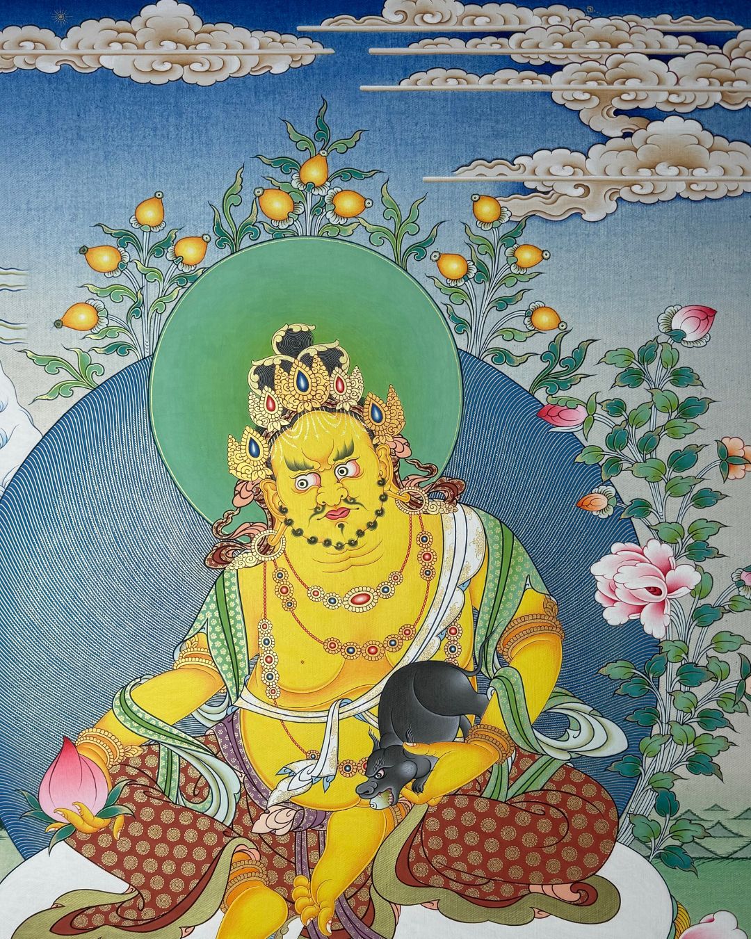 Yellow Jambhala | Hand-Painted Thangka for Prosperity, Wealth Attraction & Financial Blessings