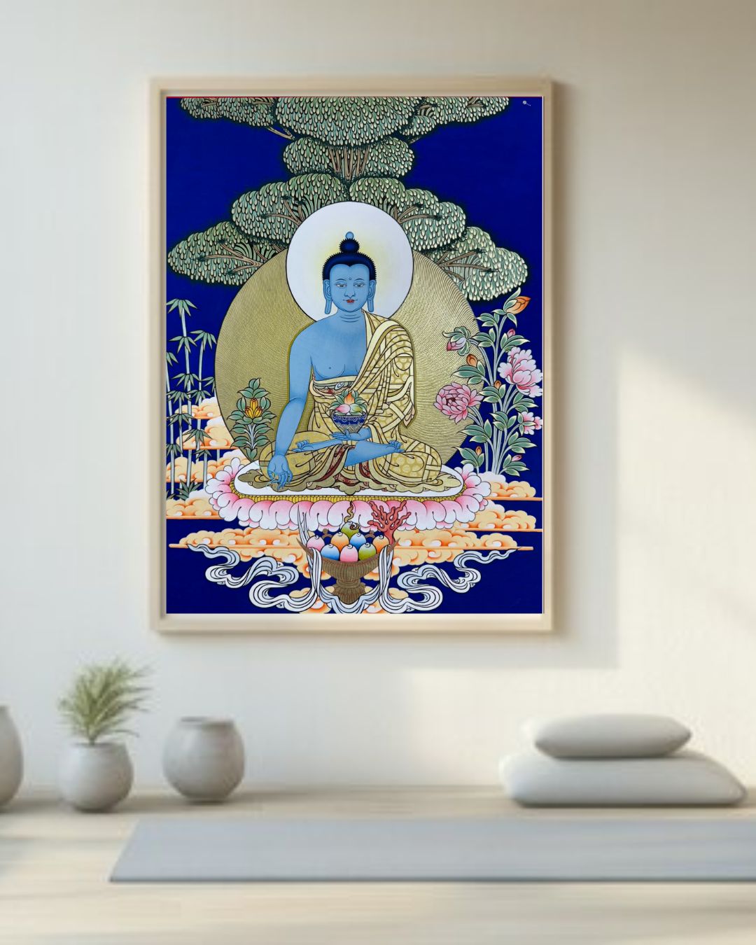 Buddha of Medicine Bhaishajyaguru | Hand-Painted Thangka for Healing & Protection from Illness