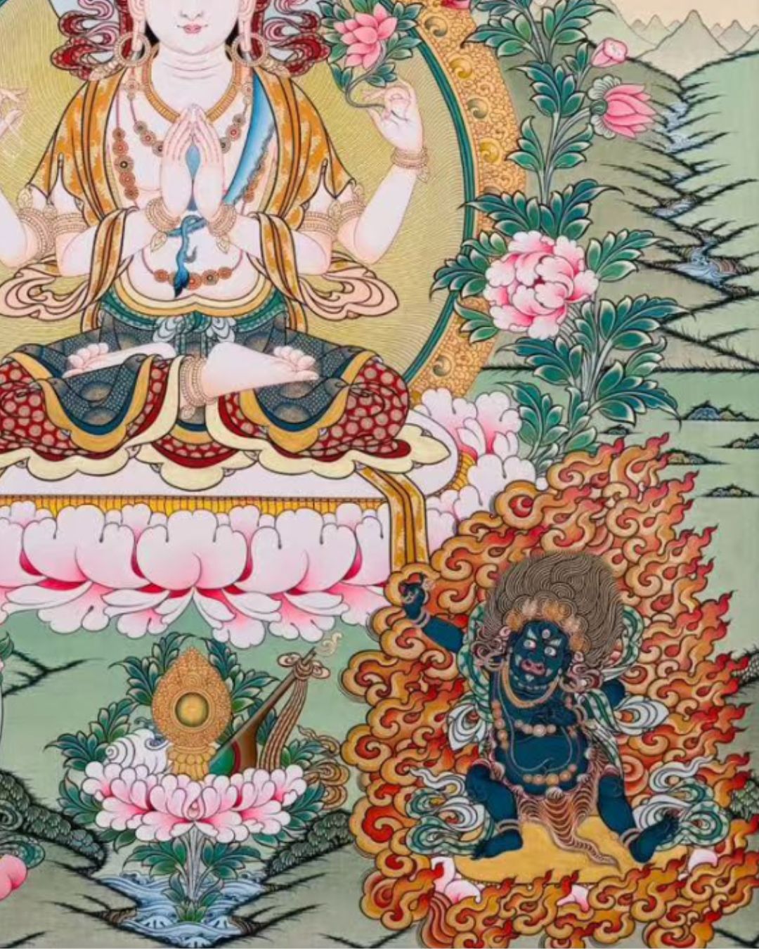 The Three Protectors of the Snowy Land | Hand-Painted Thangka for a Sacred Shield for Strength & Protection
