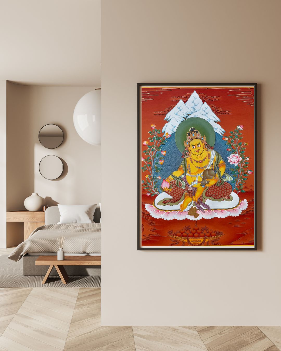 Yellow Jambhala | Hand-Painted Thangka for Wealth & Prosperity