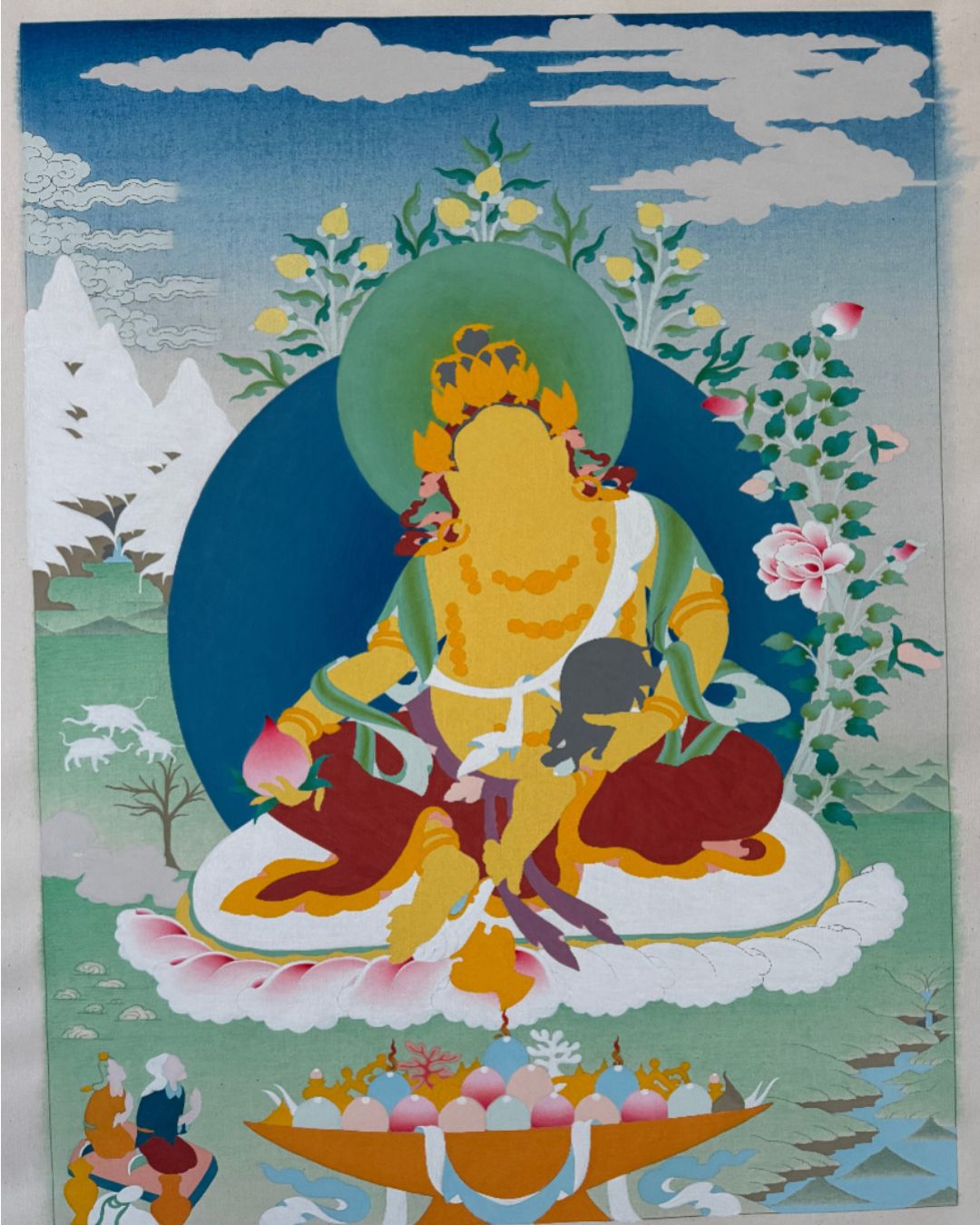Yellow Jambhala | Hand-Painted Thangka for Prosperity, Wealth Attraction & Financial Blessings