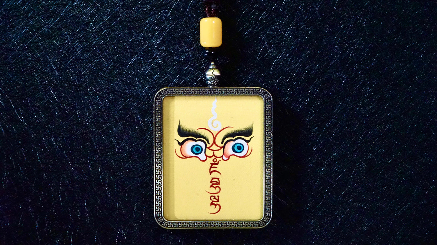 Yellow Jambhala Wisdom Eyes Thangka Pendant | Hand-Painted Guardian of Prosperity & Spiritual Insight