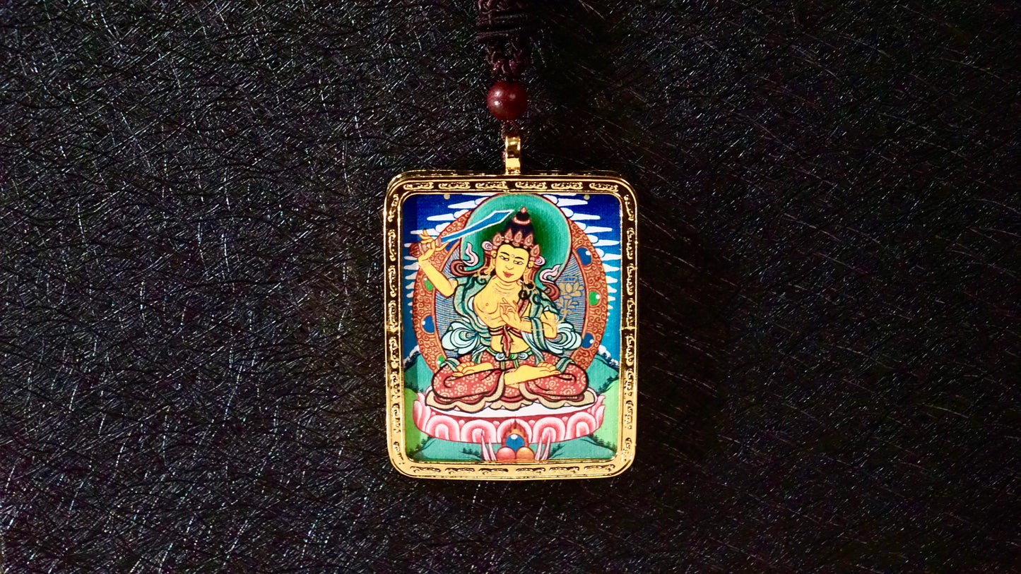 Manjushri Bodhisattva Thangka Pendant | Hand-Painted Tibetan Wisdom & Clarity Necklace