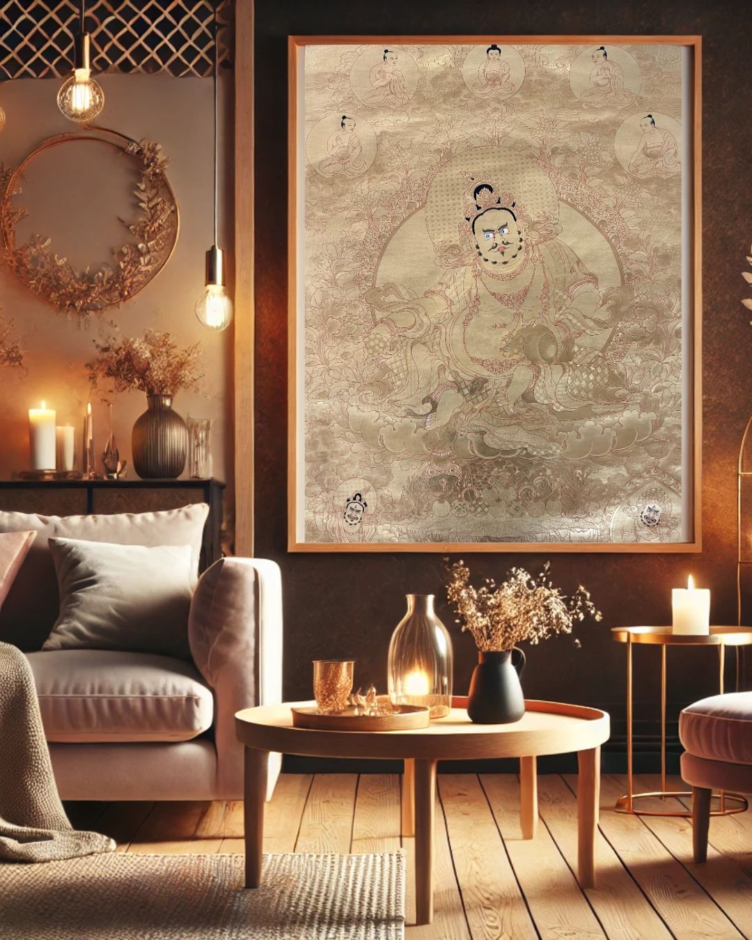 Golden Tang - Yellow Jambhala | Hand-Painted Thangka for Healing, Purification & Protection from Illness