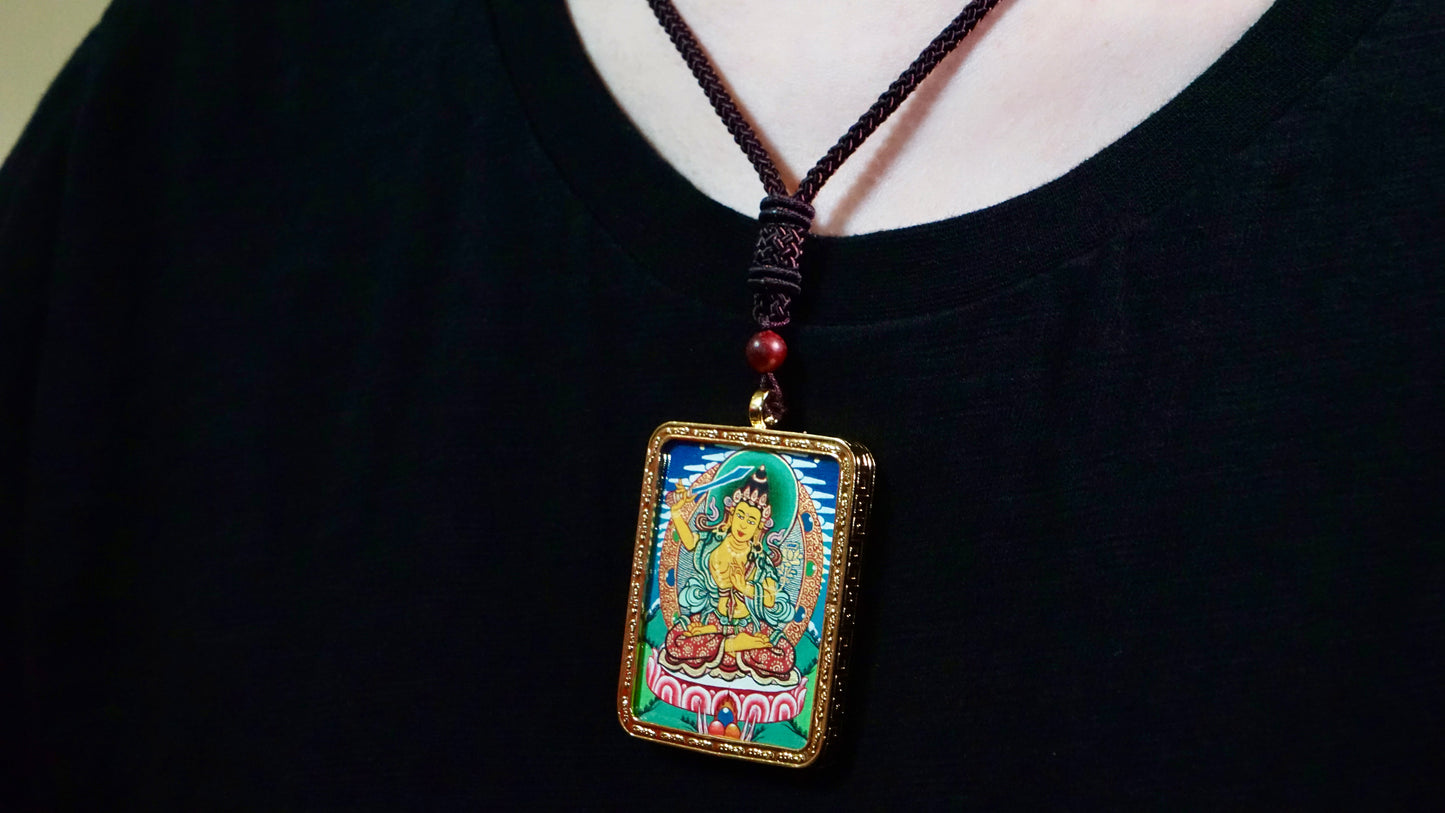 Manjushri Bodhisattva Thangka Pendant | Hand-Painted Tibetan Wisdom & Clarity Necklace