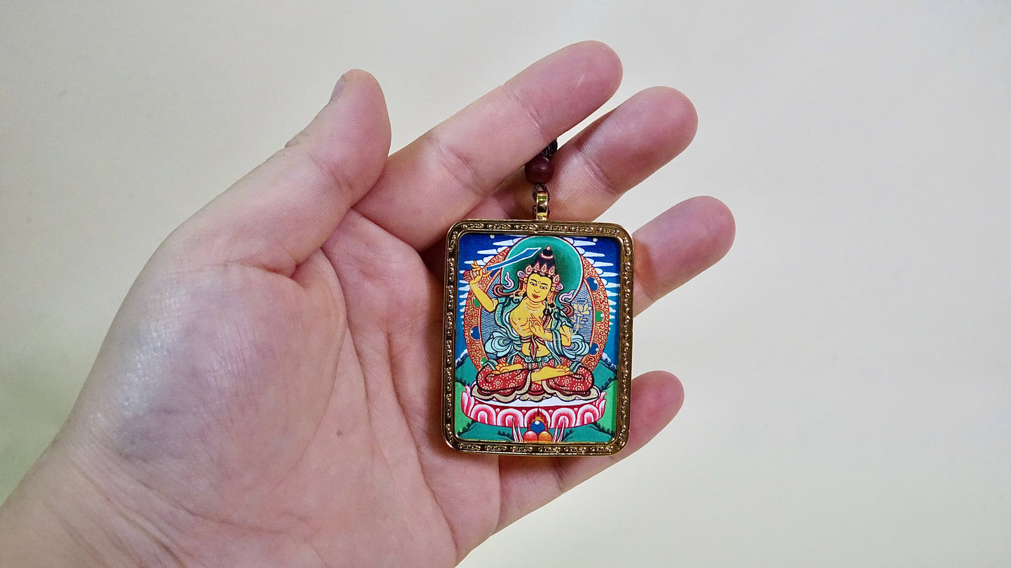 Manjushri Bodhisattva Thangka Pendant | Hand-Painted Tibetan Wisdom & Clarity Necklace
