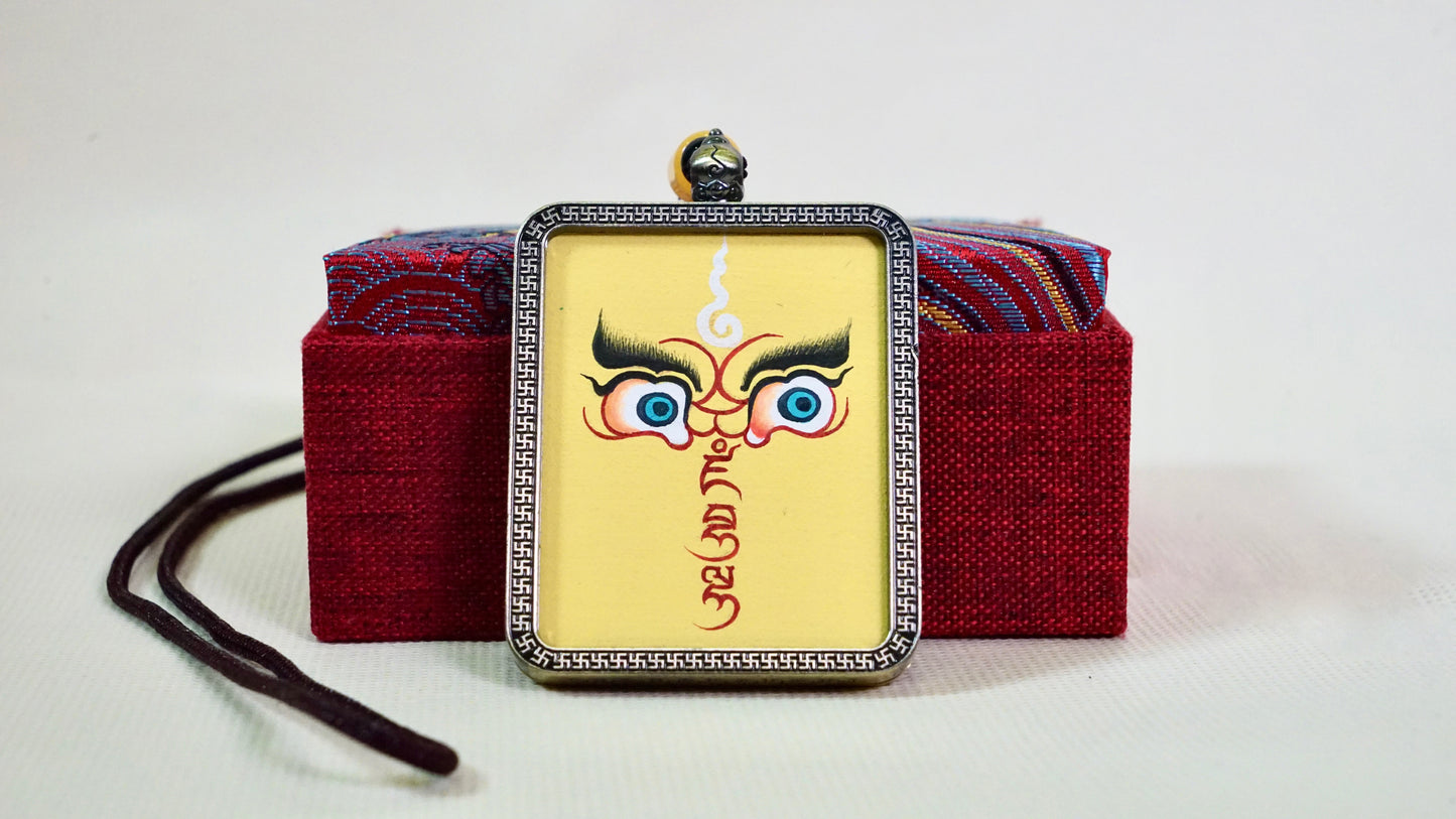 Yellow Jambhala Wisdom Eyes Thangka Pendant | Hand-Painted Guardian of Prosperity & Spiritual Insight