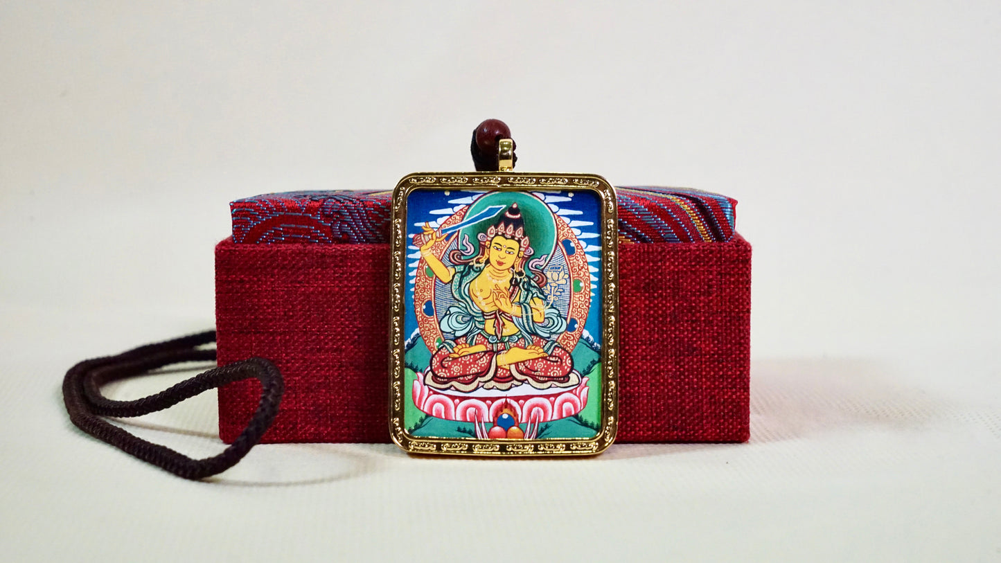 Manjushri Bodhisattva Thangka Pendant | Hand-Painted Tibetan Wisdom & Clarity Necklace