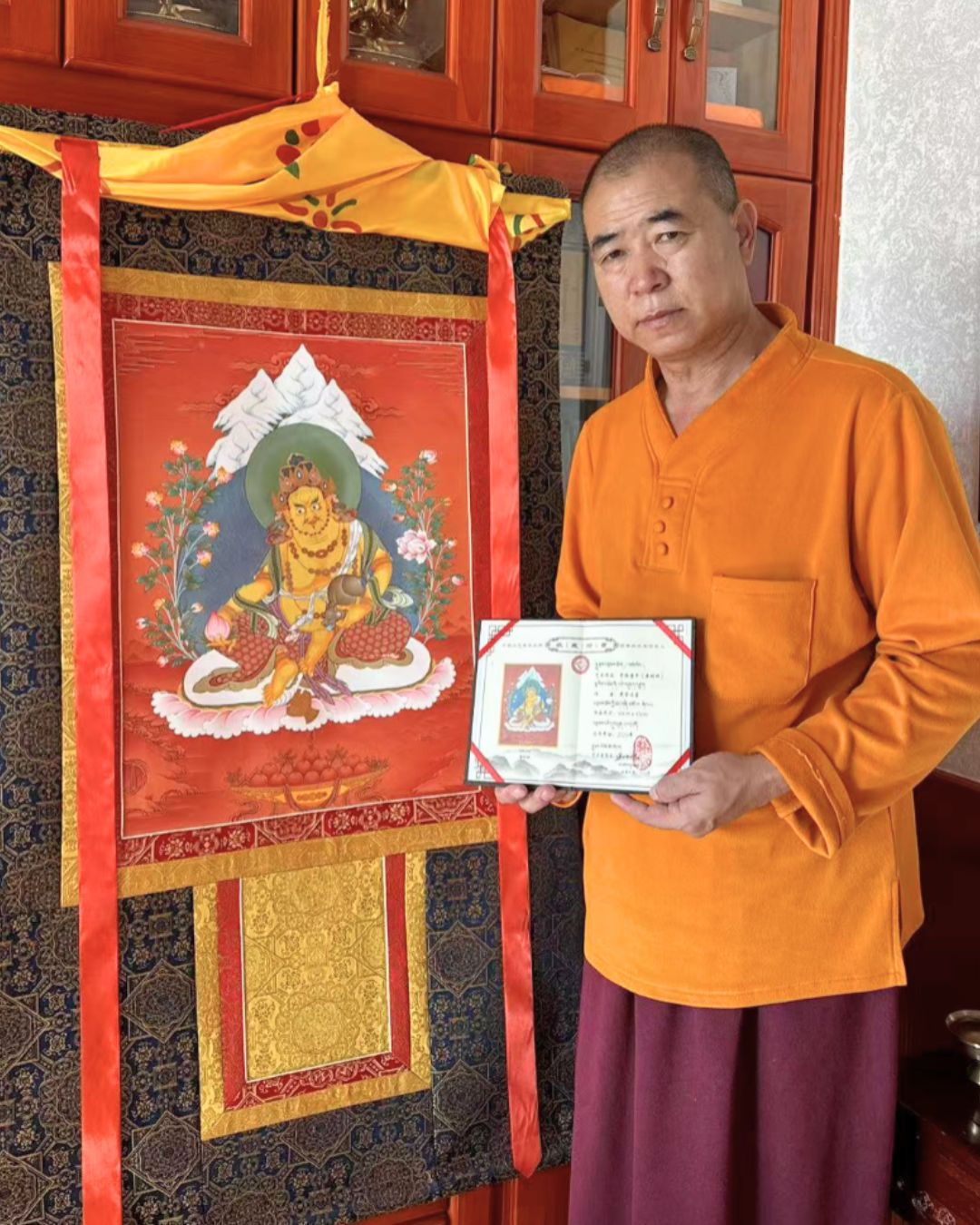 Yellow Jambhala | Hand-Painted Thangka for Wealth & Prosperity