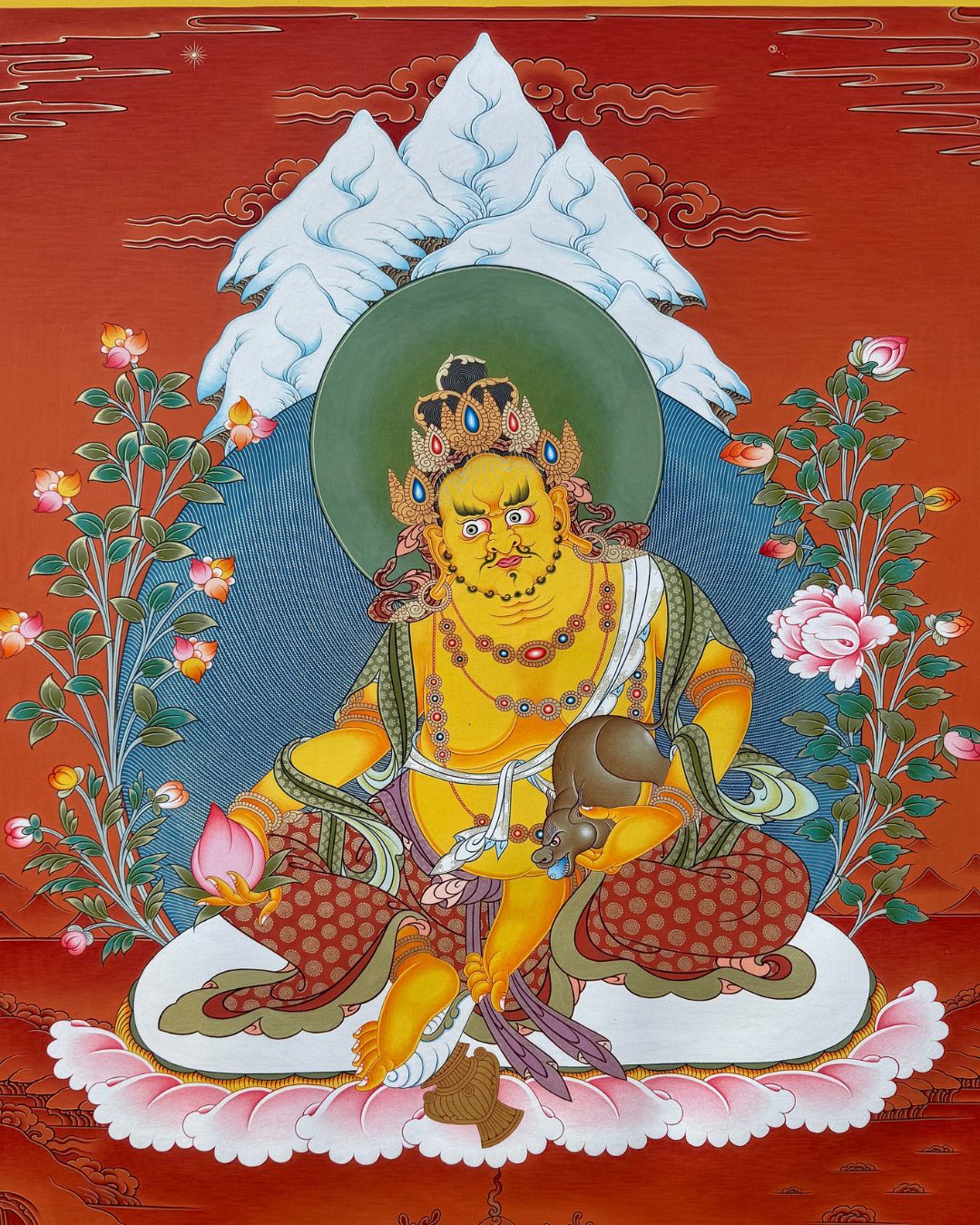 Yellow Jambhala | Hand-Painted Thangka for Wealth & Prosperity