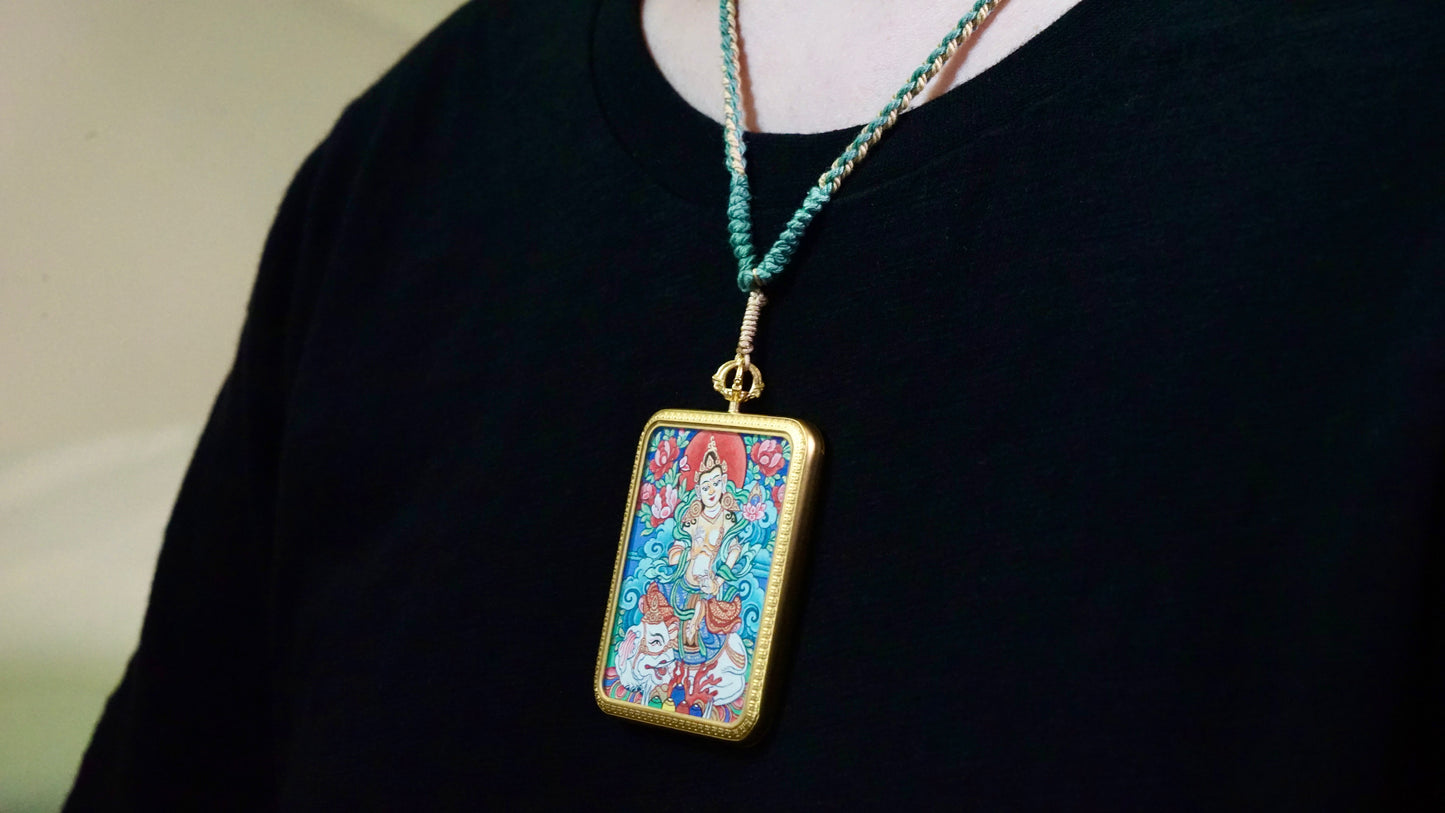 Samantabhadra Bodhisattva Thangka Pendant | Hand-Painted Tibetan Necklace for Virtue, Wisdom & Enlightenment